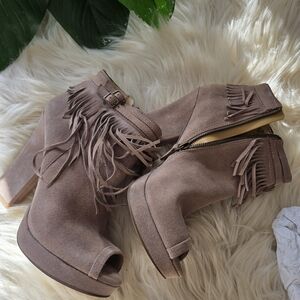 Nine West Cow Boy Fringed Peep-Toe Heeled Boots - Brown